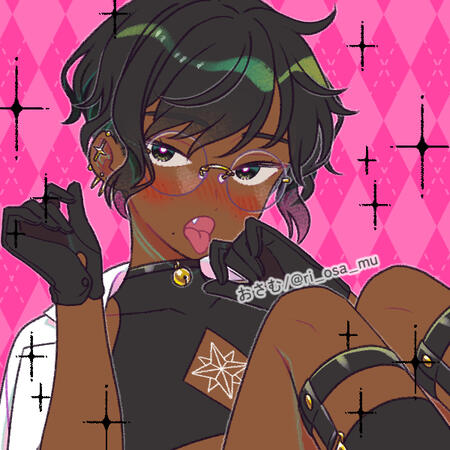 Black man from chest up and visible legs. W/ tongue out, short, black hair, black gloves, circular glasses, belled collar, crop top, white shirt over shoulders, earrings, white star chest tattoo, and garter belts. Pink diamond background w/ black sparkles.