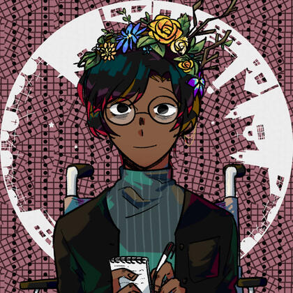 A black man with short, straight black hair in a wheelchair, writing in a notepad. They're wearing circular glasses, a yellow and blue flower crown, a green turtleneck, and a black cardigan. The background is brown with a white, circular cityscape.